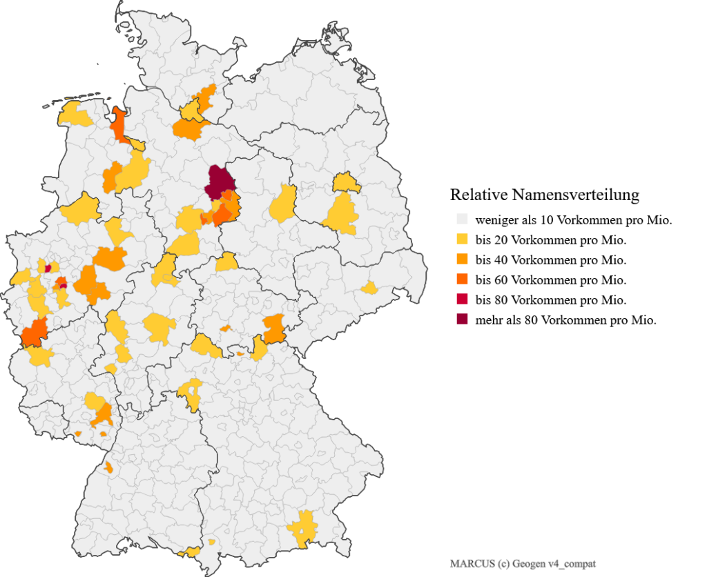 Die Karte zeigt die relative Verteilung des Familiennamens "Marcus" auf 1 Mio. Einwohner.